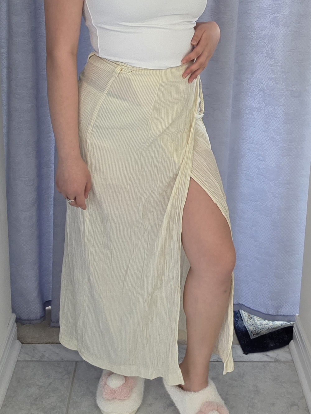 Vintage Cream Wrap Maxi Skirt with Side Slit and Tie Waist